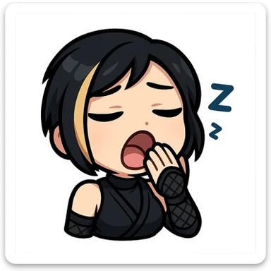 Sexy chibi ninja girl with black short hair and a blonde streak, only head and arms, colorful chibi style with bold outlines, transparent background, no mask, yawning expression with eyes half-closed and hand covering mouth, sized for Twitch emoji use. sticker
