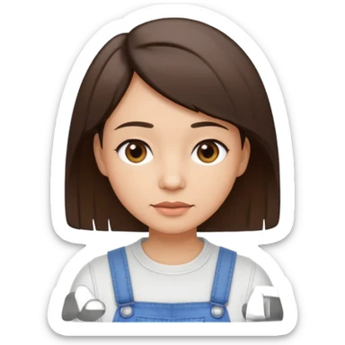 create an emoji of an adult woman with some faint wrinkles but with short straight brown hair, light skin, dark brown eyes and white top with an overall sticker