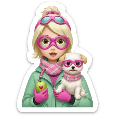 female character in cozy winter outfit, soft pastel green jacket, beige plaid scarf, snorkel mask with pink detailing, holding cute white Maltese dog, surprised expression, bright and clear, Apple emoji style sticker