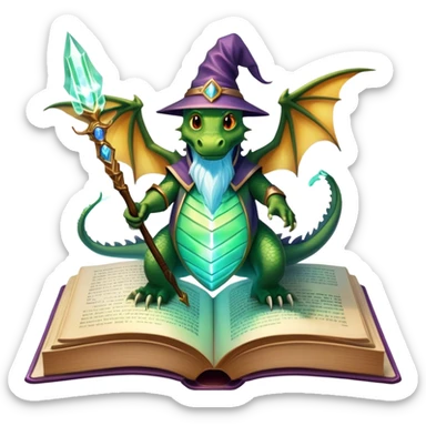 Icon for Fantasy and Sci-Fi Literature: a magical book with glowing pages, surrounded by a dragon, a spaceship, and a wizard with a staff. The icon should capture the adventurous and imaginative world of fantasy and science fiction. Transparent background. sticker