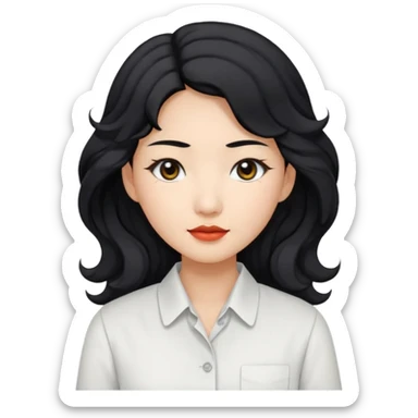 Asian woman, black hair, long permed wavy hair, white button-up shirt, flat colors, transparent background, black eyes sticker