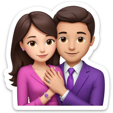 Brunette girl, with an engagement ring on her finger hugging a handsome man, (her boyfriend) both of them happy, she’s wearing a pink dress, he is wearing a suit, he’s also a rich businessman, and there is the 💜 purple heart emoji on top. They look in love with each other sticker