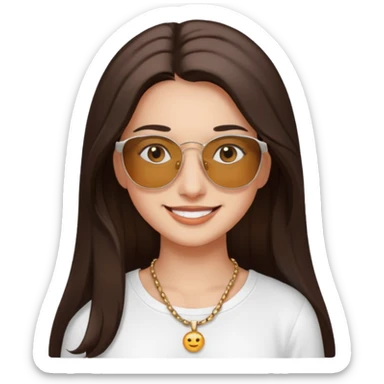 young woman with long dark brown hair, dark eyes, fair complexion, smiling, wearing white long-sleeved shirt, necklace, sunglasses on head sticker