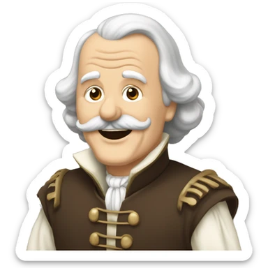 Short pudgy old man over enthusiastic happy excited face bald forehead long wavy gray and brown brunette long wavy hair moustache Shakespearean dress vintage clothes hamlet small arms sticker