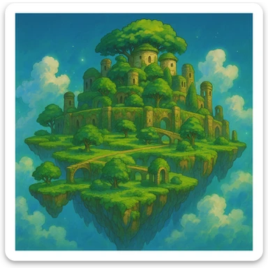 Laputa from 'Castle in the Sky' by Studio Ghibli, Ghibli-inspired cartoon style, floating gardens, stone towers, mystical vibe sticker