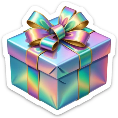 Hyperrealism  wrapped christmas gift, with realistic detailed iridescent holographic ribbon sticker