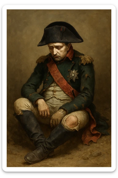 Сгенерируй мне этого наполеона, он в чуть-чуть рваной одежде, сидит и грустит. Он полностью помещается в кадр и не обрезается краями изображения. Сидит он на земле sticker