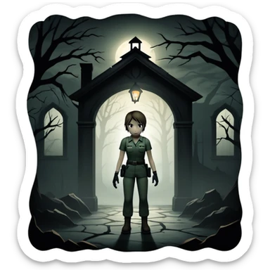 An icon featuring a dark, eerie atmosphere with a spooky environment, inspired by horror games like Resident Evil. The design includes ominous lighting, creepy shadows, and a silhouette of a character in distress. Transparent background enhances the chilling vibe of the scene. sticker
