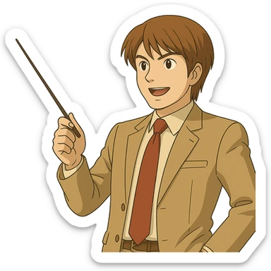 Change the angle of the teacher's stick so Light Yagami is pointing to the left, confident expression, Ghibli style, transparent background. sticker