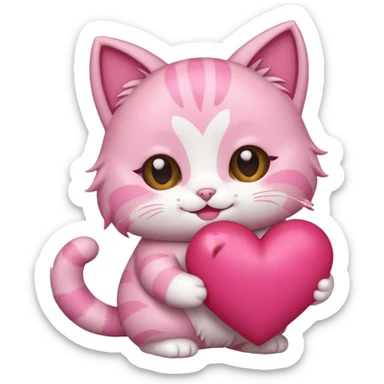 chibi anime pink cat smiling holding a big heart sticker