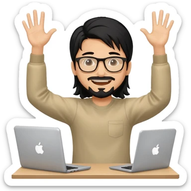a young man with long black hair, with goatee, wearing glasses sitting with a computer, his arms up,cheering sticker