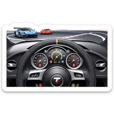 An icon showing a racing game interface, inspired by Grand Turismo. The design features a garage with a selection of high-performance cars, along with race track visuals in the background. Speedometer, lap timer, and other HUD elements add to the excitement. Transparent background sticker