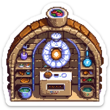 A transcendent baker manipulating timelines and alternate realities to bake. Ingredients phase in from other dimensions, and the oven warps space itself. UI is fragmented, shifting, and surreal—portals, time loops, and morphing recipe glyphs. sticker