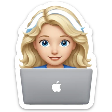 blond girl, blue eyes, hair wavy, , behind her silver colored laptop from apple, she looks straight infront of her, looks a bit taller sticker