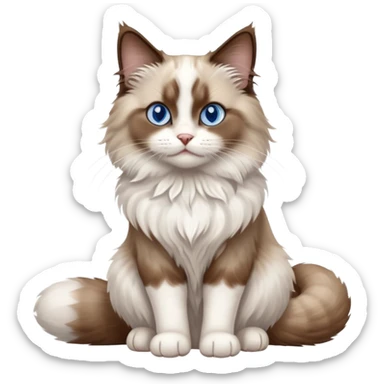 cinematic-[brown and white ragdoll cat]-realistic-full-body-sitting-emoji,-tail-curled-playfully-around-its-paws,-head-tilted-dramatically,-fluffy-[brown and white]-fur,-simplified-yet-realistic-focused-features,-highly-detailed,-glowing-with-an-almost-sarcastic-glow, with blue eyes sticker