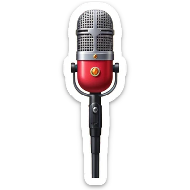 Create a vibrant and dynamic emoji that represents pop vocal performance without people. The design should feature a close-up of a classic stage microphone (retro-style) with a lanyard, set against a stage background. Add concert lighting, a celebratory salute of confetti or fireworks in the background, and musical notes forming a ribbon, symbolizing the performance and creativity of pop vocals. Include subtle elements like a formal stage costume to emphasize the professional aspect. Use bright, bold colors like gold, red, and neon to reflect the energetic and glamorous nature of pop vocal performance. The background should be transparent. sticker