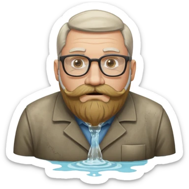 50 year old bearded and moustached white male wearing glasses. His mouth has been cast into a frame made of concrete and out of his mouth is flowing sewer water connected to a drain pipe. He is proud and thinks his right, while being slightly angry because the joke is on him. sticker