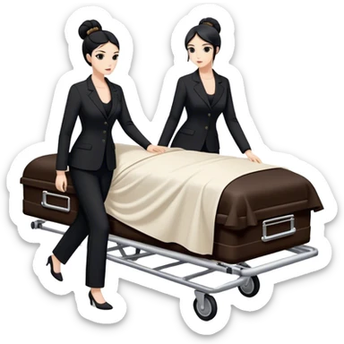 Two woman in black pants suits. One has black hair in a bun and one has brown long hair. They are pushing a stretcher with a dead body on it covers in sheets in to a black funeral Mercedes Vito car  sticker