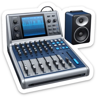 Create a professional and technical emoji that represents sound engineering. The design should feature a sound mixing console with faders, a pair of studio headphones, and audio waveforms to symbolize the precision and technicality of sound mixing and mastering. Include elements like a microphone or audio cables to reflect the recording aspect. Use colors like silver, black, and dark blue to represent the technical, yet artistic side of sound engineering. The background should be transparent. sticker