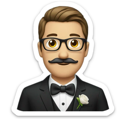 a groom with mustache and glasses with a black suit sticker