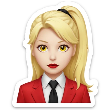 Woman with porcelain white skin, thick blonde hair that's in a thick, long ponytail, has a black nose, yellow scleras, red pupils, and a red suit with a black tie. Demon sticker