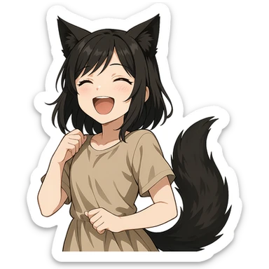 A girl with black fox ears and a tail, green eyes, dark hair, laughing sticker