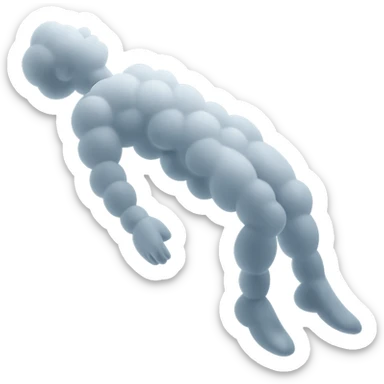 side view of unconscious person flying upwards by torso, legs and arms downwards, made of small very bright white fluffy convex clouds, matte glass style sticker