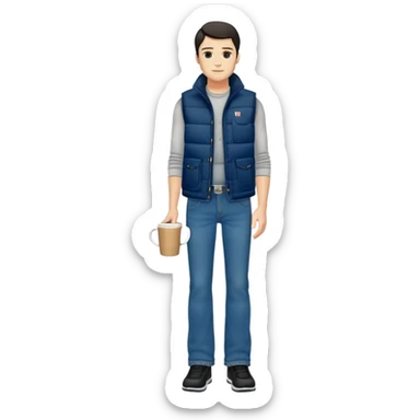 full body man with plain black puffy winter vest with no pockets over long sleeved shirt wearing straight levi boot cut levi blue jeans with no cuffs and tennis shoes holding coffee mug in his hand sticker