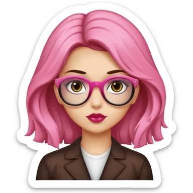 Una ragazza con capelli castani mossi e lunghi e indossi occhiali neri e con una piccola rosa nella testa. Le labbra devono essere color carne, senza rossetto sticker