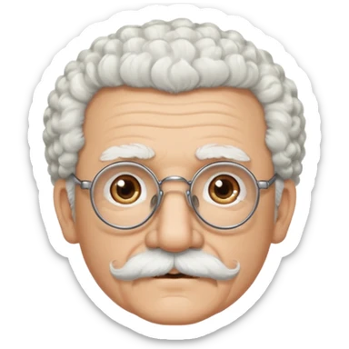 An elderly man emoji with light skin, fluffy curly white hair, thick white eyebrows, brown eyes behind black-framed glasses, a small nose, and neatly groomed white facial hair — a mustache and a short goatee. sticker