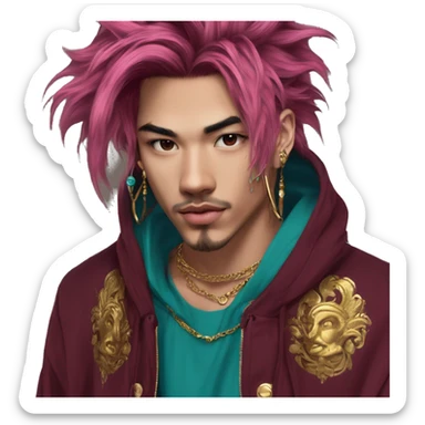 Vintage grunge patina intricate swirls gold jewellery baroque golden sparkle tropical Deep pink maroon burgundy cyan dark hoodie man dyed hair gold piercings nose piercing ear piercings sticker