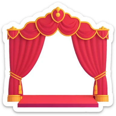 elegant theater stage with red velvet curtains open, wooden floor, and central spotlight sticker