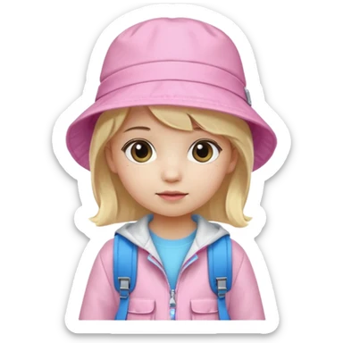 A little girl student white skin, blonde hair, with pink bucket hat, white jacket, blue backpack sticker