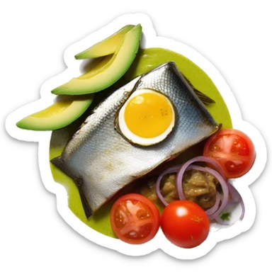 Canned sardines (more than three visible sardines) with avocado, red onions and tomato breakfast entree on plate sticker