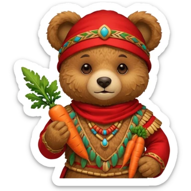 teddy bear Upper eat carrot , wearing red mayan ancient custome, half body sticker