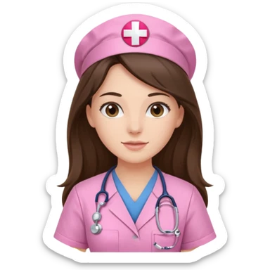 pretty brunette nurse with long hair in pink scrubs sticker