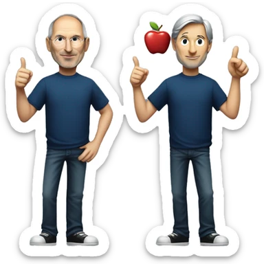 Steve Jobs, wearing a dark blue t-shirt, with his hand raised giving a thumbs up, Steve Jobs with rich details, identical, on the dark blue t-shirt an apple symbol, great quality, emoji grabbing from the torso up sticker