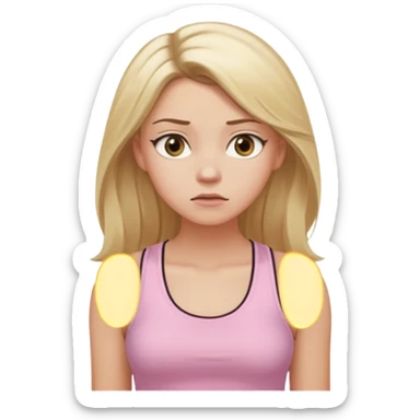Create a young woman with long blonde hair, golden eyes, and medium-light skin tone, wearing a light pink tank top and leggings. She should be in portrait mode, but with a subtle doubting facial expression—slightly raised eyebrow, small frown, .  and her hand next to her chin like a thinker sticker