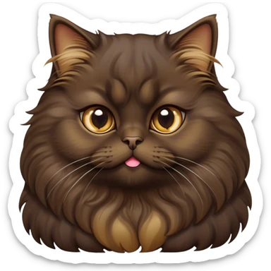 Cinematic Adorable Big-Eyed Fluffy Dark Brown Persian Cat Portrait Emoji, Head tilted playfully with a sweet expression, fluffy dark brown fur with rich caramel and gold undertones, Simplified yet irresistibly cute features with large, expressive eyes, highly detailed, glowing with a warm and gentle glow, high shine, a mix of affectionate and curious, stylized with a touch of whimsy, bright and full of charm, soft glowing outline, capturing the essence of a fluffy, loving kitty with oversized eyes, so endearing it feels like it could leap out of the screen and cuddle with you instantly! sticker