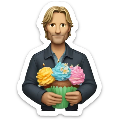 Viggo Mortenson holding a bunch of flowers and a cupcake with a birthday candle in it sticker