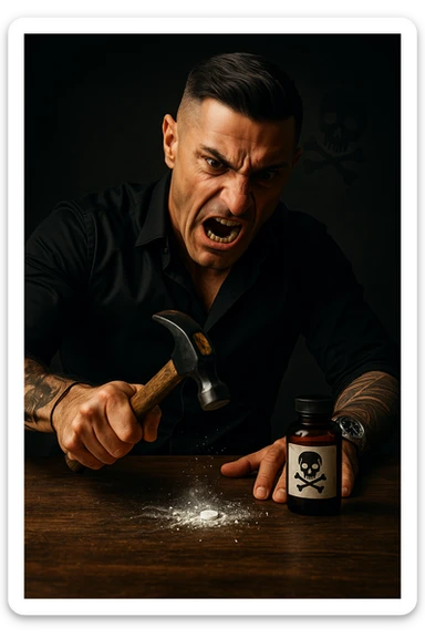"Angry man crushing prescription pill with hammer on wooden table, expression of righteous fury against medical establishment, pill fragments scattering like defeated enemy, medicine bottle labeled with skull and crossbones in his mind, dramatic lighting showing his determination to reject pharmaceutical control, freedom from chemical dependency symbolized through destruction" sticker