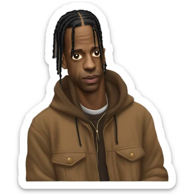 Iconic-style Candid Likeness Travis Scott:

A cool presence in streetwear, with focused eyes and laid-back stance. Known for his electric energy and innovative vibe, blending hype with a sense of mystery. sticker