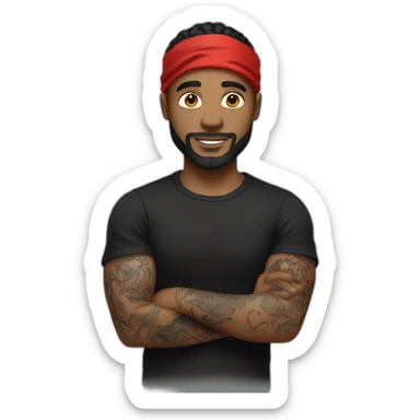 white man with tattoos in a black T-shirt and a red bandana sticker