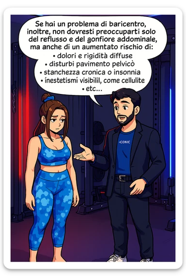 TRASFORMA QUESTO CAROSELLO IN UN FUMETTO STILE WEBTOON/MANGA A COLORI CON QUESTE DUE PERSONE IDENTICHE CHE INTERLOQUISCONO TRA LORO, L'uomo sta spiegando alla donna questo concetto:

Se hai un problema di baricentro, inoltre, non dovresti preoccuparti solo del reflusso e del gonfiore addominale, ma anche di un aumentato rischio di:
    • dolori e rigidità diffuse
    • disturbi pavimento pelvico
    • stanchezza cronica o insonnia
    • inestetismi visibili, come celluluite
    • etc… sticker