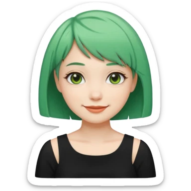 Girl with Mint Bob Cut – short green hair, cheerful smile, black dress sticker