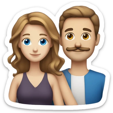 white woman whit blue eyes brown hair hugging a white man with brown hair and a moustache  sticker