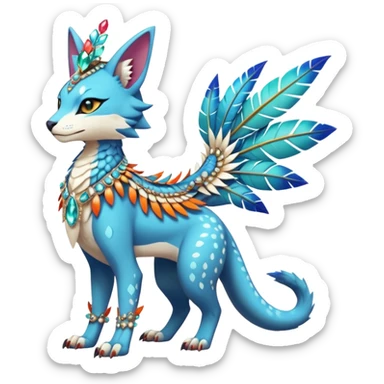 Kawaii cute colorful exotic tropical beautiful pretty elegant divine edgy feline-vernid-sergal-Fakémon-Pokémon-fursona-animal-creature with accessories, jewelries, full body, with intricate detailed markings, feathers, crystals, fins, headdress sticker