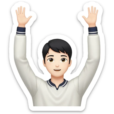 Black-haired male idol with arms raised above his head, K-pop style, energetic pose sticker