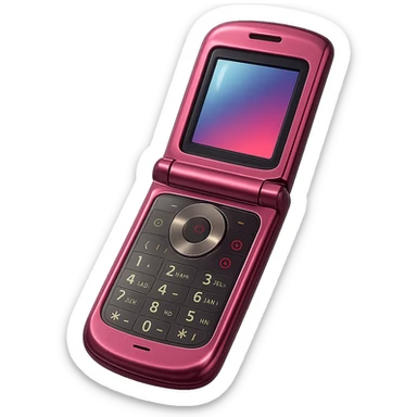 Make this vintage pink razor flip phone look more realistic in a photorealistic style, metallic pink, open to show keypad and screen, no background. sticker