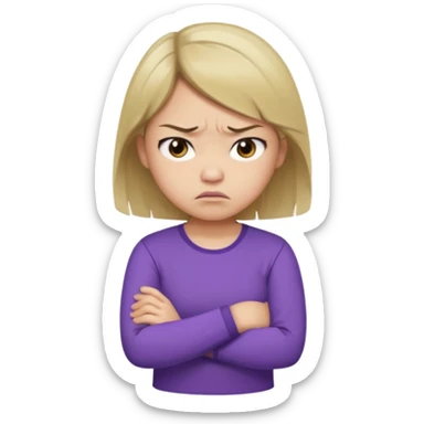 Angry Pouty girl with small asian eyes folding arms in a purple longsleeve shirt she has fair skin and medium length brown hair with blonde sticker